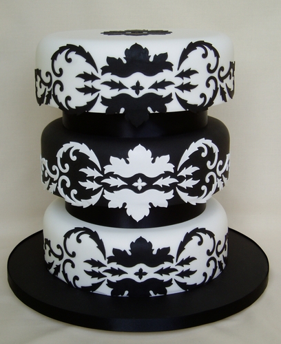 Black and White Damask Wedding Cake