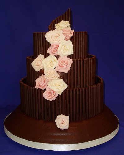 Chocolate Curls and Roses Wedding Cake