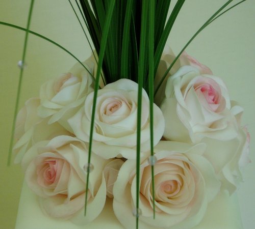 Pink Roses and Bear Grass Wedding Cake